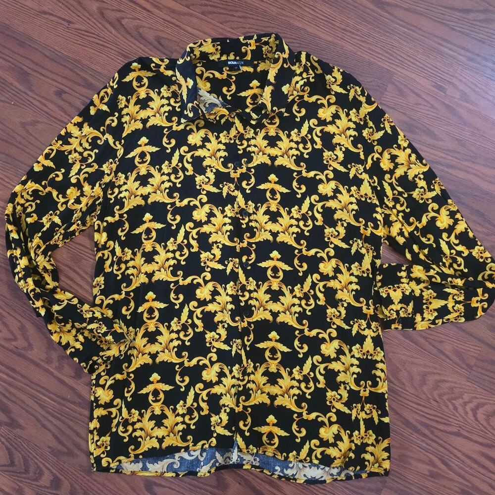 Fashion Nova Men Shirt Xlarge Black Printed Rayon Long Sleeve Button Down